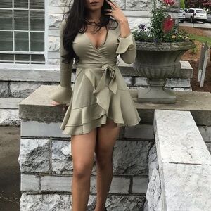 Sage Green Waist Tied Wrap Mini Long Sleeve Dress